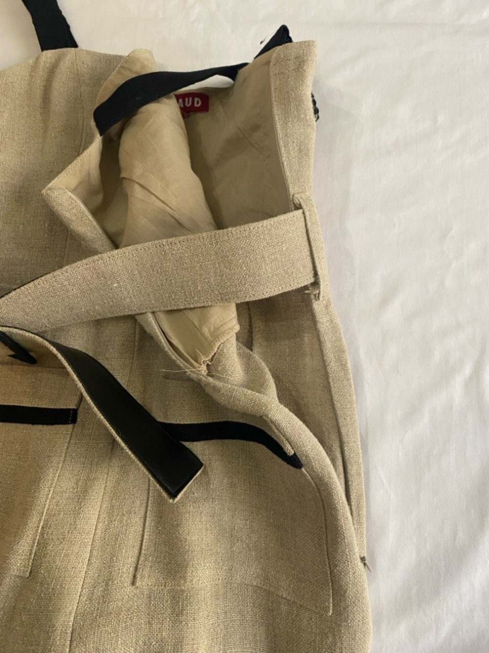 STAUD Lampone Beige 100% Linen Wide-Leg Cropped Jumpsuit with Black Trim 0 - Picture 11 of 15